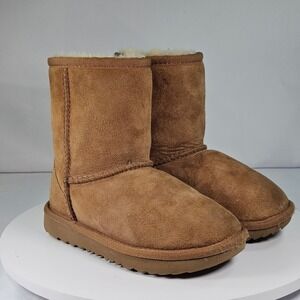 Kids UGG Boots Tan Suede Sheepskin Lined Winter Warm Size 10